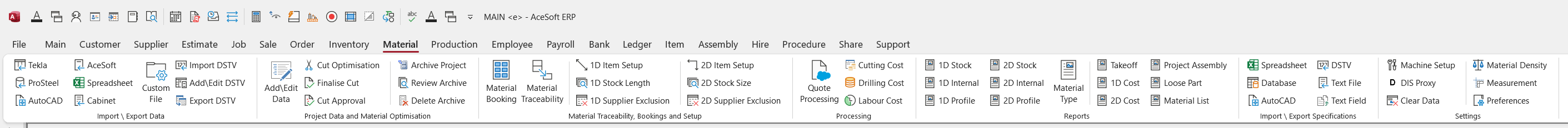 AceSoftERP material menu ribbon